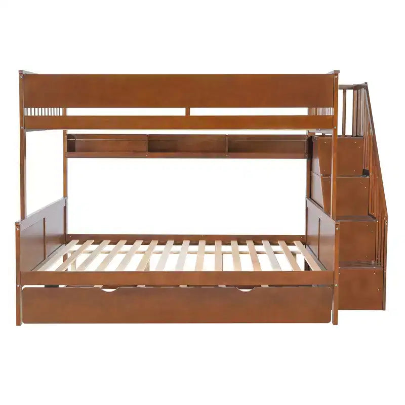 Letto a castello Full XL sopra Queen con letto estraibile, ripiani, scala e luce