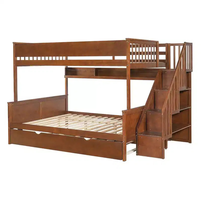 Letto a castello Full XL sopra Queen con letto estraibile, ripiani, scala e luce