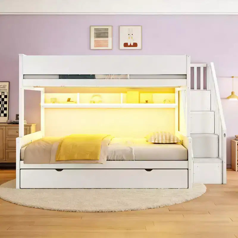 Letto a castello Full XL sopra Queen con letto estraibile, ripiani, scala e luce