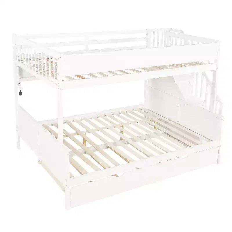 Letto a castello Full XL sopra Queen con letto estraibile, ripiani, scala e luce