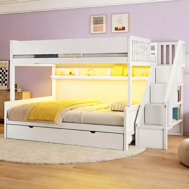 Letto a castello Full XL sopra Queen con letto estraibile, ripiani, scala e luce