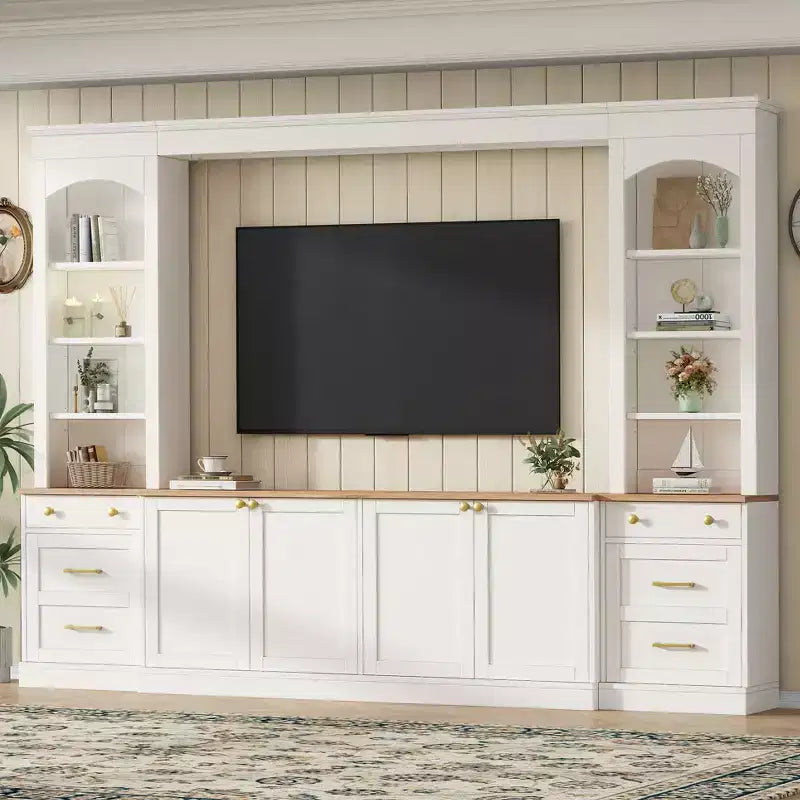 Meuble mural de salon ModernLuxe Farmhouse arqué, convient aux téléviseurs jusqu'à 70 pouces, grand meuble TV avec tiroirs et étagères