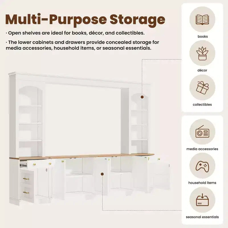 Meuble mural de salon ModernLuxe Farmhouse arqué, convient aux téléviseurs jusqu'à 70 pouces, grand meuble TV avec tiroirs et étagères