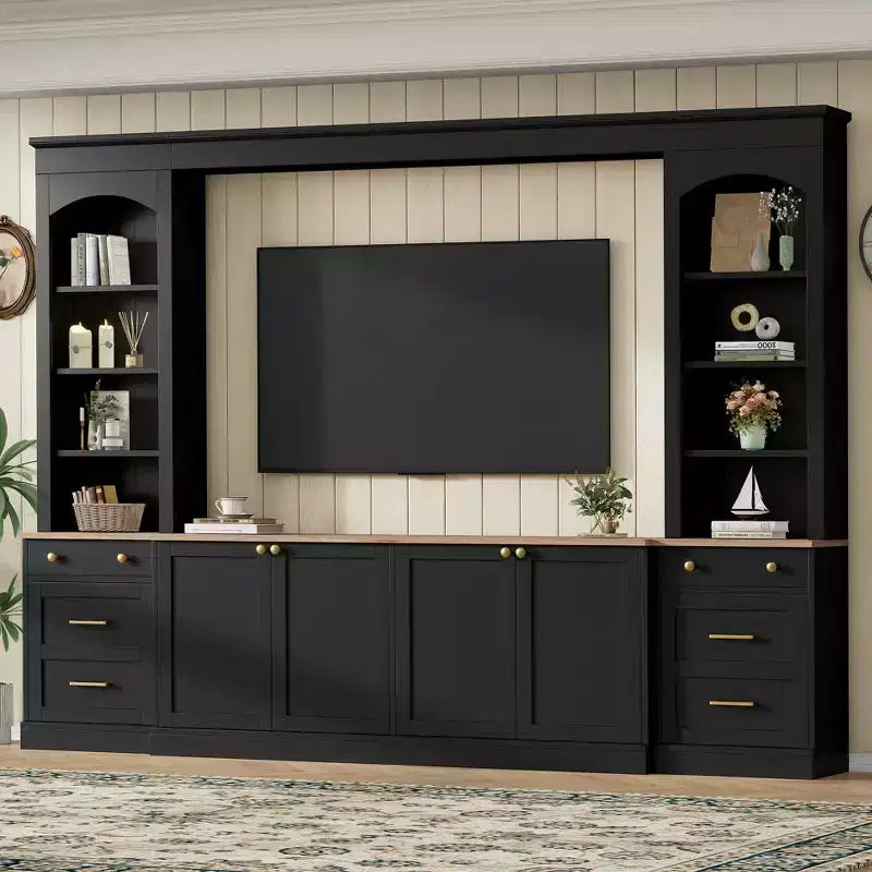 Meuble mural de salon ModernLuxe Farmhouse arqué, convient aux téléviseurs jusqu'à 70 pouces, grand meuble TV avec tiroirs et étagères