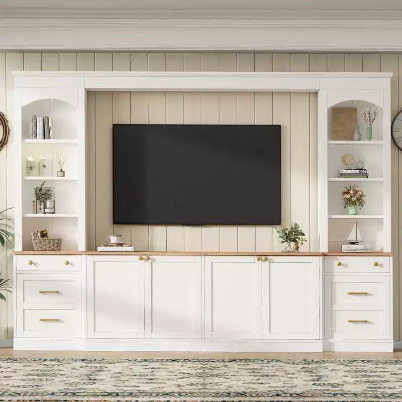 Meuble mural de salon ModernLuxe Farmhouse arqué, convient aux téléviseurs jusqu'à 70 pouces, grand meuble TV avec tiroirs et étagères