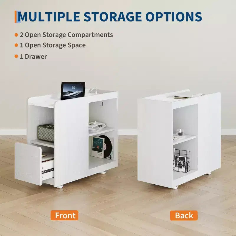 Tavolino con rotelle, cassetto e ripiano regolabile
