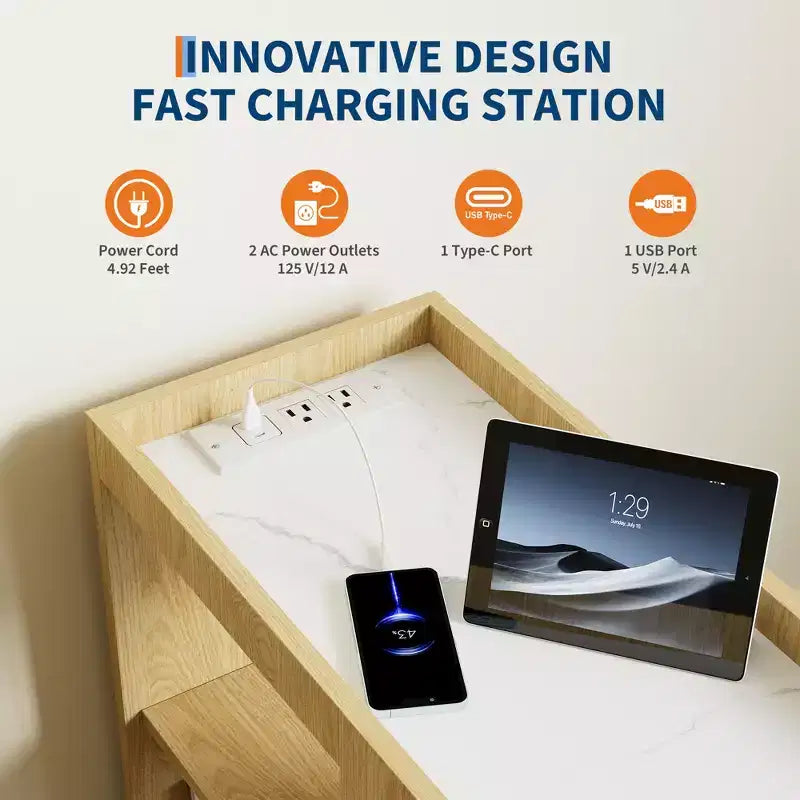 Tavolino con rotelle, cassetto e ripiano regolabile