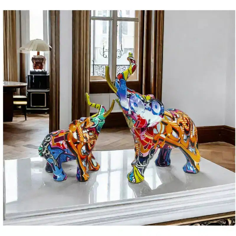Statuetta di elefante in resina colorata - Decorazione domestica con stampa a trasferimento d'acqua
