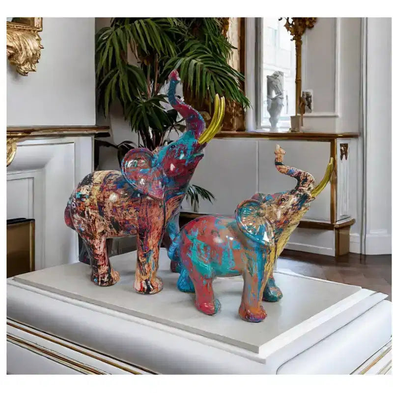 Statuetta di elefante in resina colorata - Decorazione domestica con stampa a trasferimento d'acqua