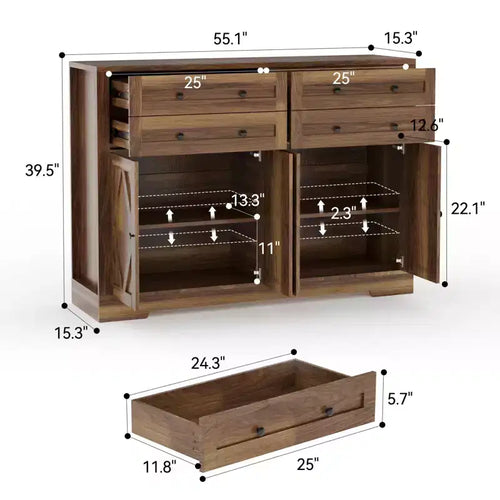 Credenza a Buffet da 55 Pollici con 4 Ante e 4 Cassetti