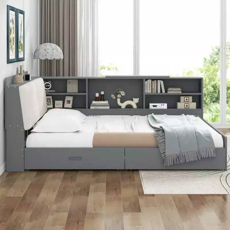 Letto a piattaforma matrimoniale con testiera contenitore, ripiani e 2 cassetti