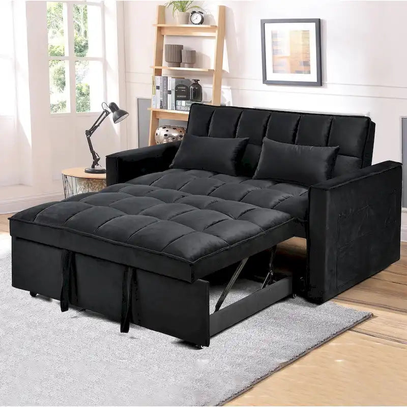 Divanetto futon moderno in velluto con schienale reclinabile e tasche, 2 posti – Grigio scuro / Grigio chiaro / Blu / Nero
