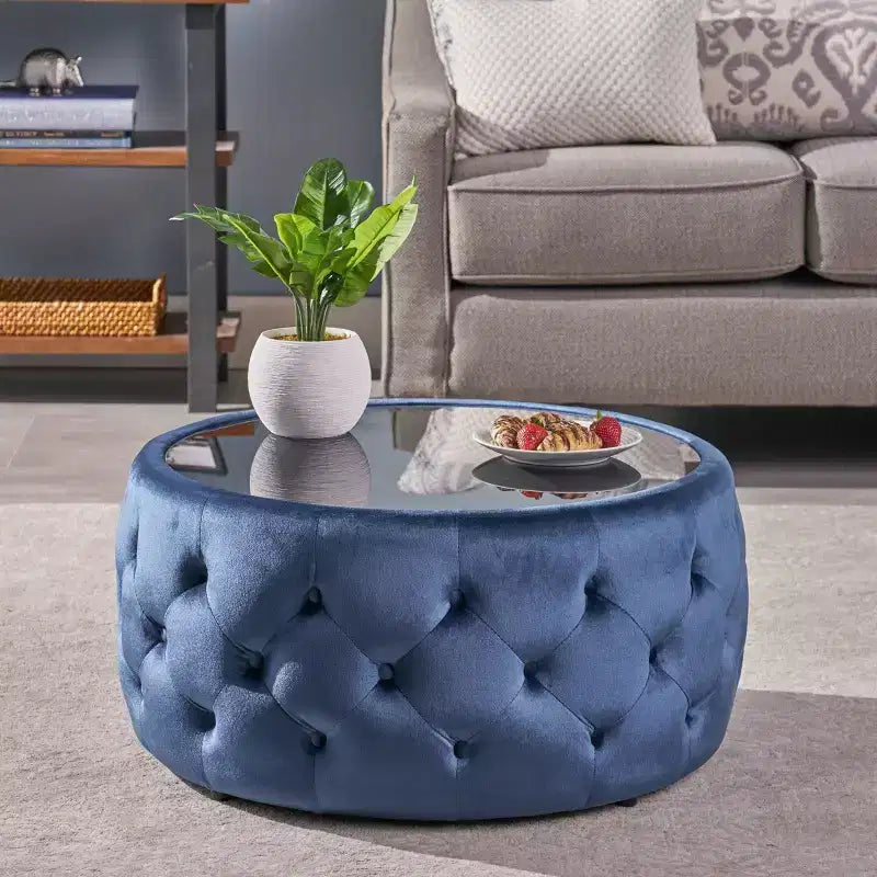 Pouf Tavolino Rotondo Glam - Velluto Blu con Piano in Vetro Temperato