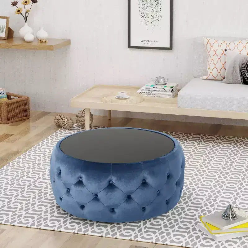 Pouf Tavolino Rotondo Glam - Velluto Blu con Piano in Vetro Temperato