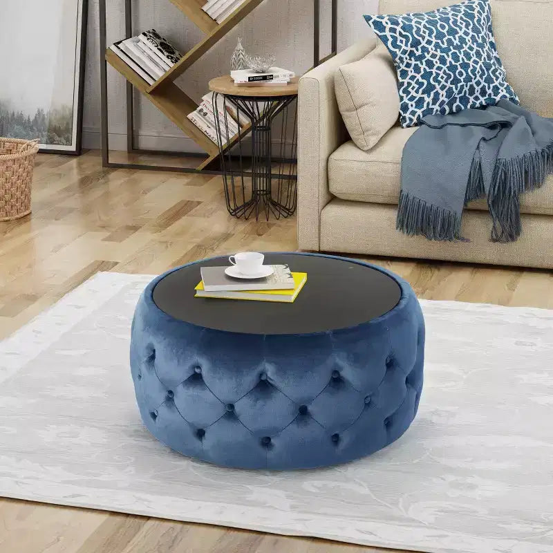 Pouf Tavolino Rotondo Glam - Velluto Blu con Piano in Vetro Temperato