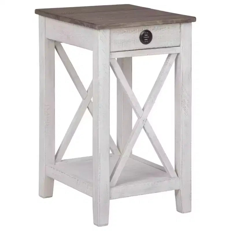 Table d'appoint Adalane Blanc/Gris : design à croix vintage, ports USB, rangement - Signature Design by Ashley