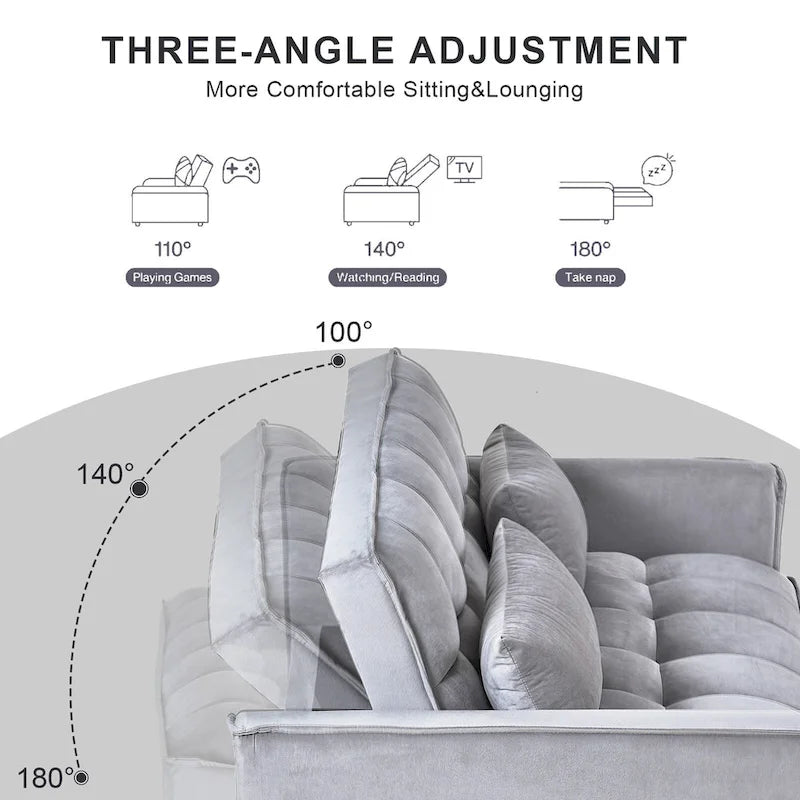 Divanetto futon moderno in velluto con schienale reclinabile e tasche, 2 posti – Grigio scuro / Grigio chiaro / Blu / Nero