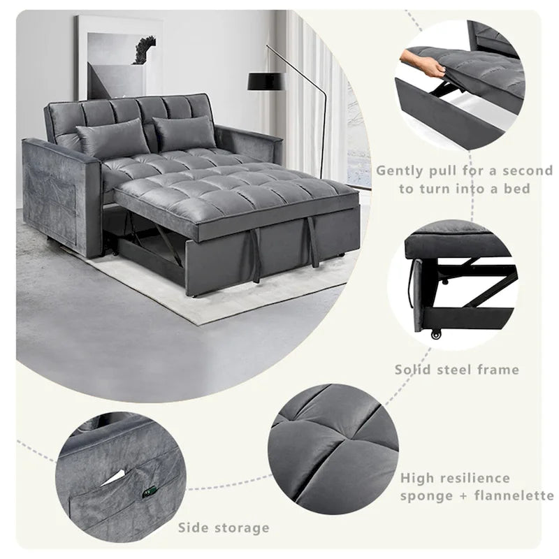 Divanetto futon moderno in velluto con schienale reclinabile e tasche, 2 posti – Grigio scuro / Grigio chiaro / Blu / Nero