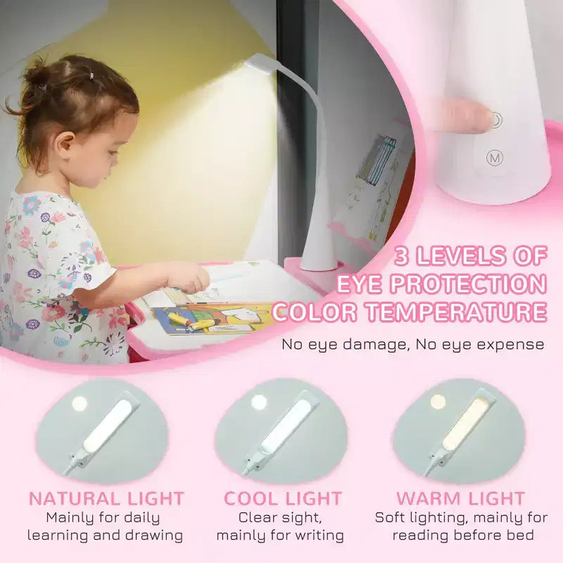 Set Tavolo e Sedie per Bambini con Lampada LED USB e Cassetto Contenitore