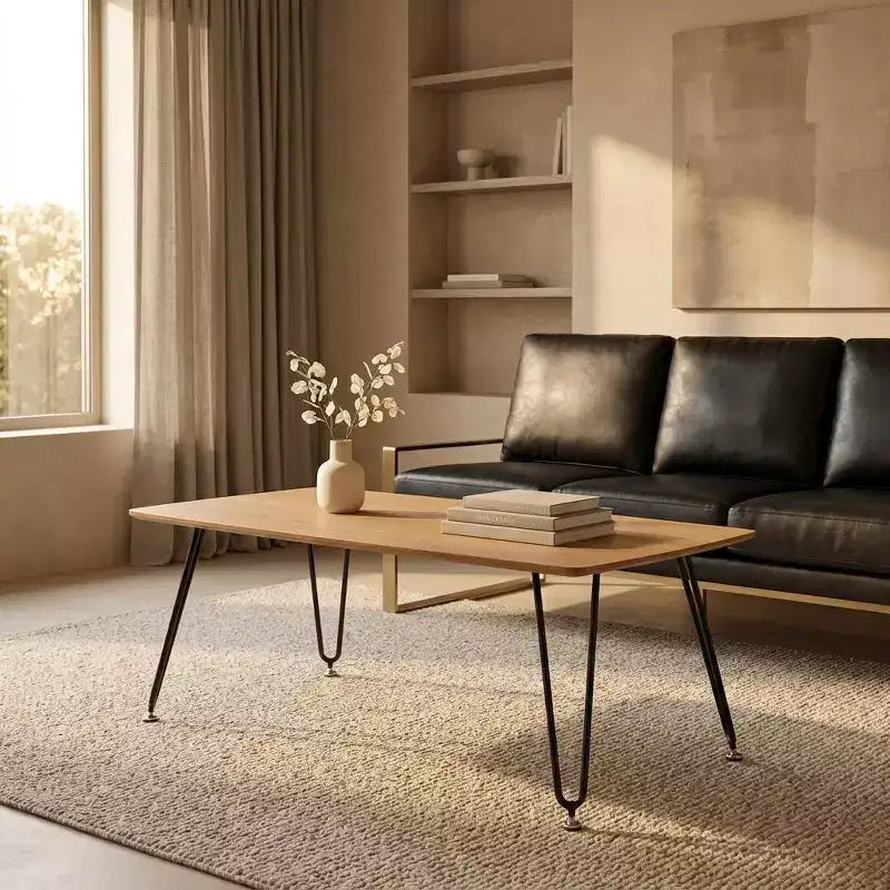 LeisureMod Elmwood 47 Rectangular Modern Wood Coffee Table  Metal Legs, Brown Finish, Accent Table for Living Room, Lounge & Contemporary Spaces