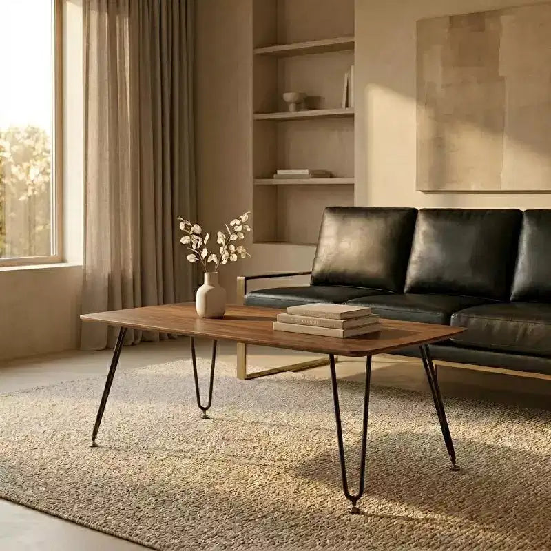 LeisureMod Elmwood 47 Rectangular Modern Wood Coffee Table  Metal Legs, Brown Finish, Accent Table for Living Room, Lounge & Contemporary Spaces