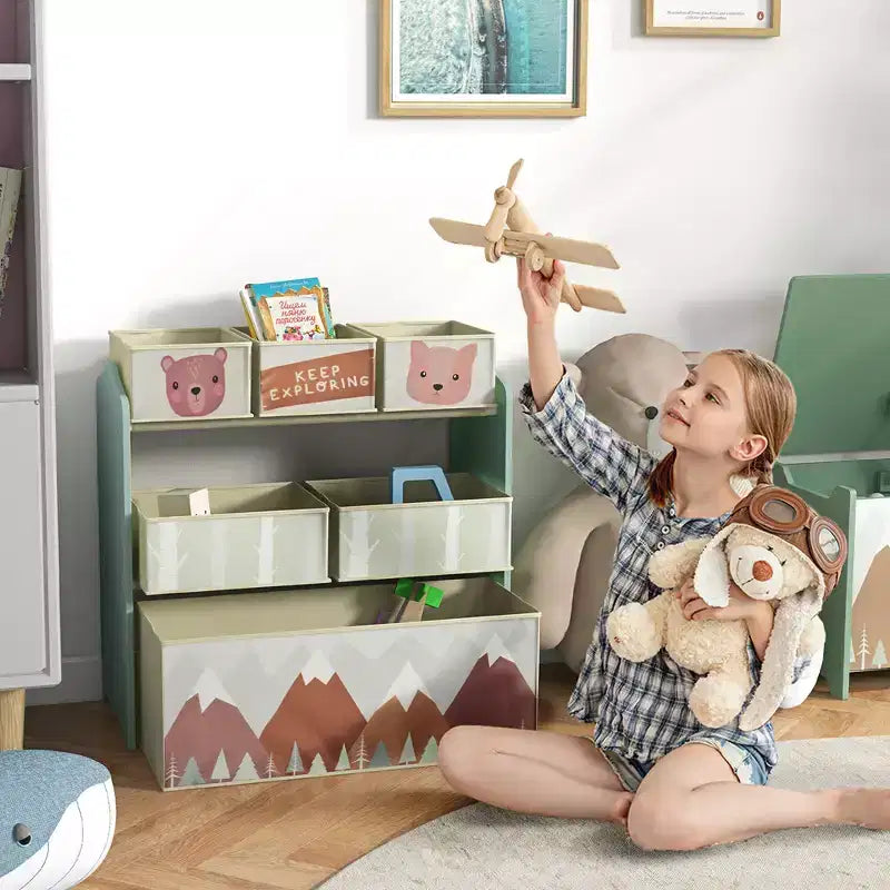 Organizzatore di giocattoli per bambini con 6 contenitori e 3 ripiani, unità di archiviazione per cameretta bambini