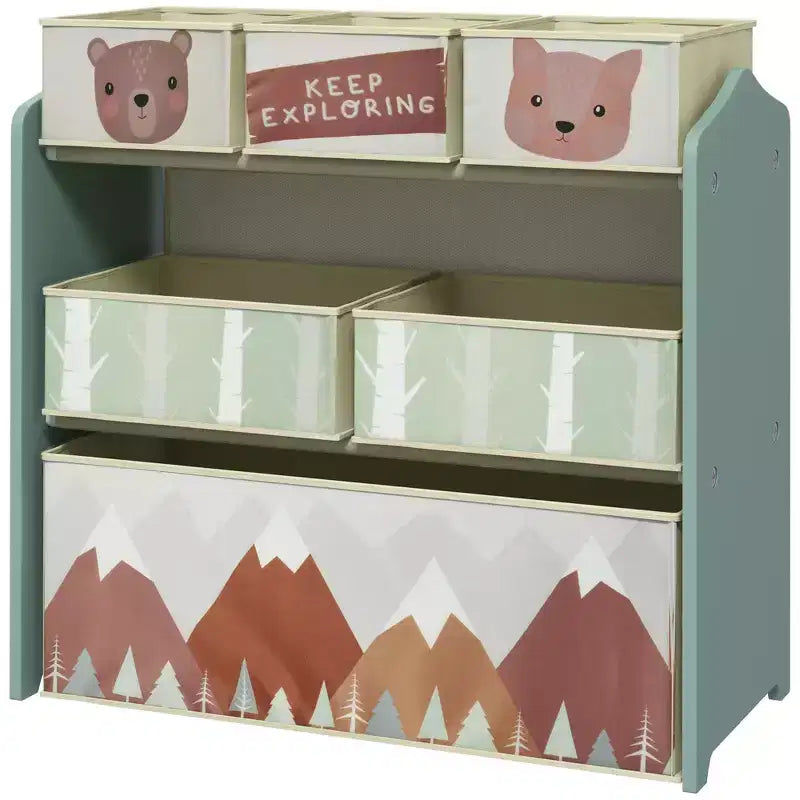 Organizzatore di giocattoli per bambini con 6 contenitori e 3 ripiani, unità di archiviazione per cameretta bambini