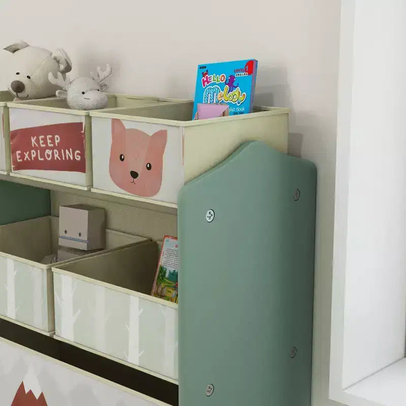 Organizzatore di giocattoli per bambini con 6 contenitori e 3 ripiani, unità di archiviazione per cameretta bambini