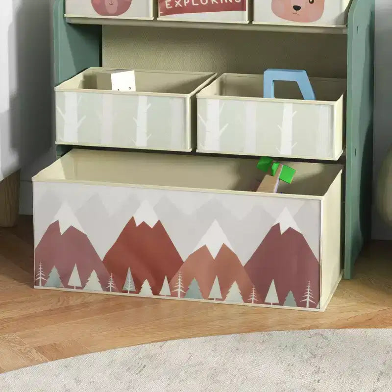 Organizzatore di giocattoli per bambini con 6 contenitori e 3 ripiani, unità di archiviazione per cameretta bambini
