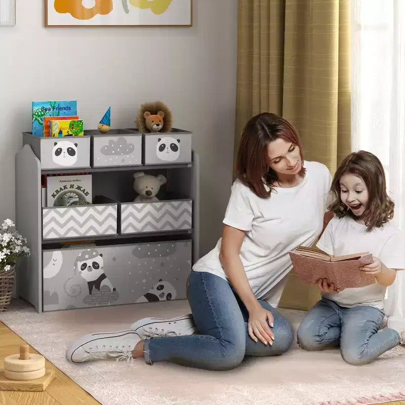 Organizzatore di giocattoli per bambini con 6 contenitori e 3 ripiani, unità di archiviazione per cameretta bambini