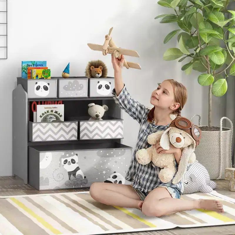 Organizzatore di giocattoli per bambini con 6 contenitori e 3 ripiani, unità di archiviazione per cameretta bambini
