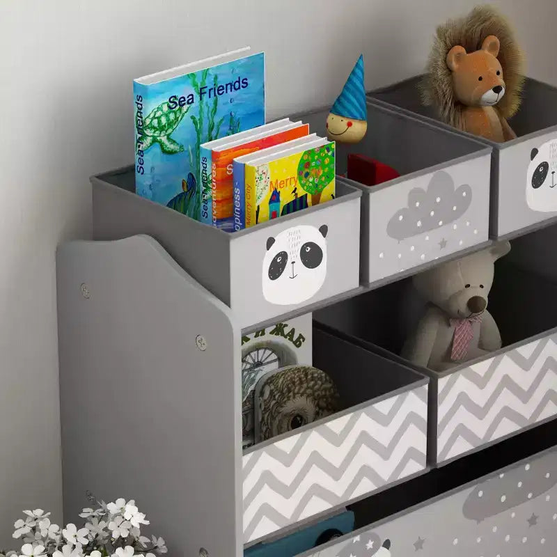 Organizzatore di giocattoli per bambini con 6 contenitori e 3 ripiani, unità di archiviazione per cameretta bambini