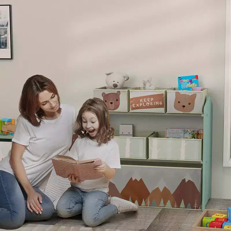Organizzatore di giocattoli per bambini con 6 contenitori e 3 ripiani, unità di archiviazione per cameretta bambini
