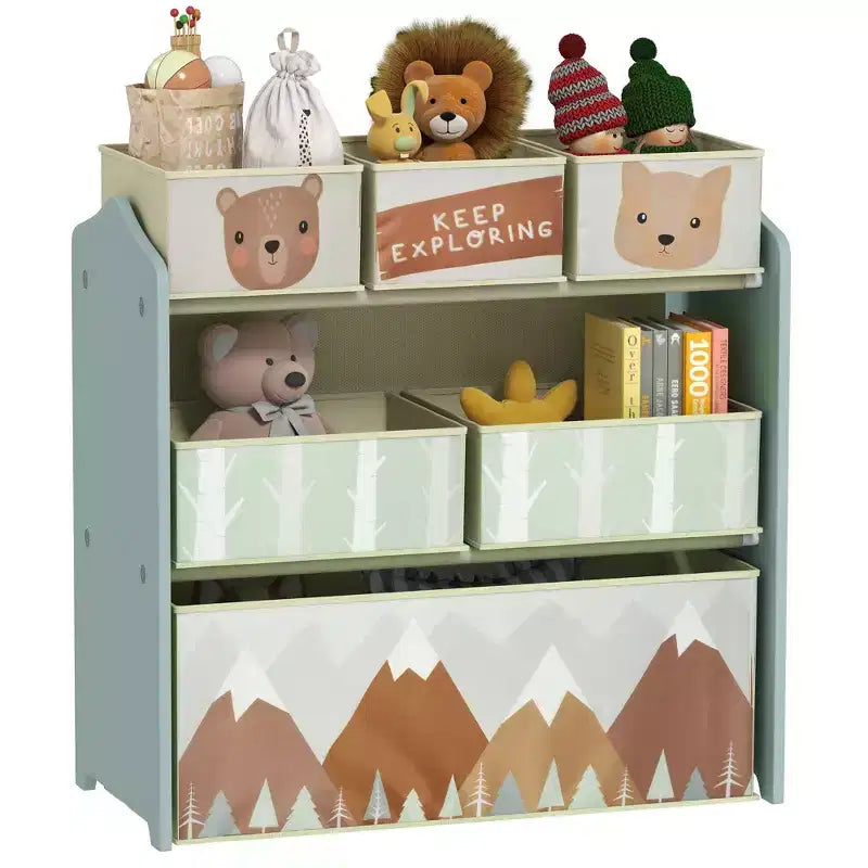 Organizzatore di giocattoli per bambini con 6 contenitori e 3 ripiani, unità di archiviazione per cameretta bambini