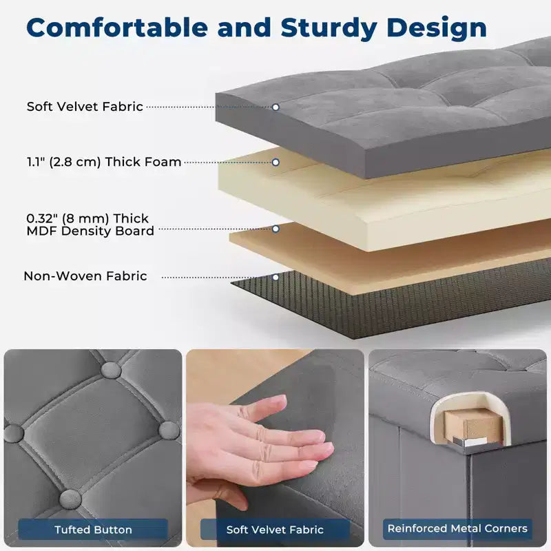 Panca pouf contenitore pieghevole in velluto da 109 cm con spazio per riporre oggetti – Supporta fino a 300 kg