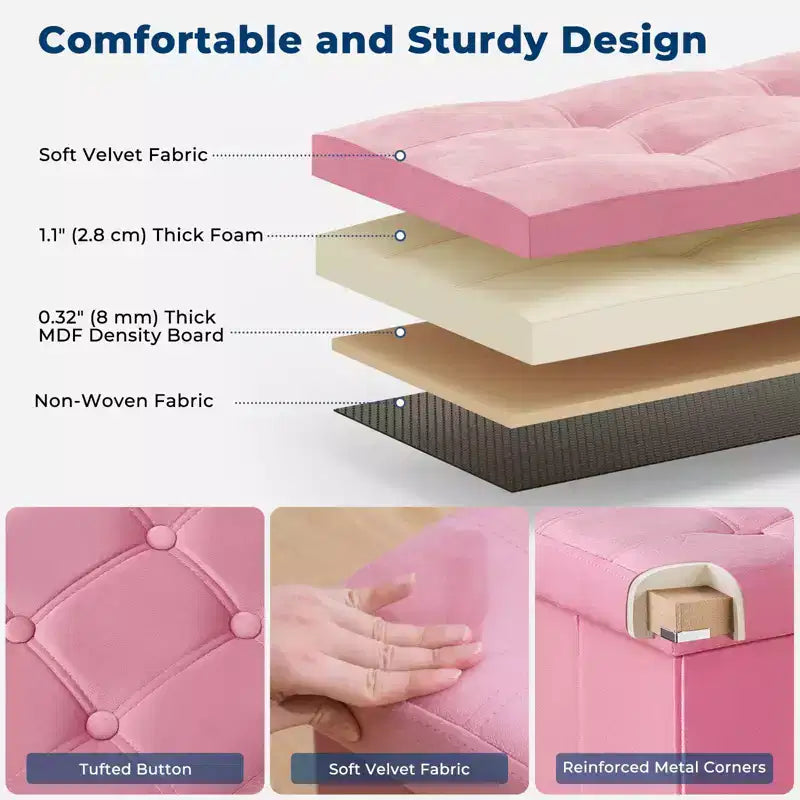 Panca pouf contenitore pieghevole in velluto da 109 cm con spazio per riporre oggetti – Supporta fino a 300 kg