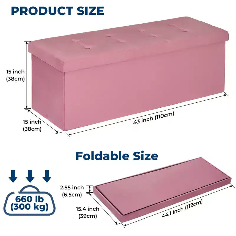 Panca pouf contenitore pieghevole in velluto da 109 cm con spazio per riporre oggetti – Supporta fino a 300 kg