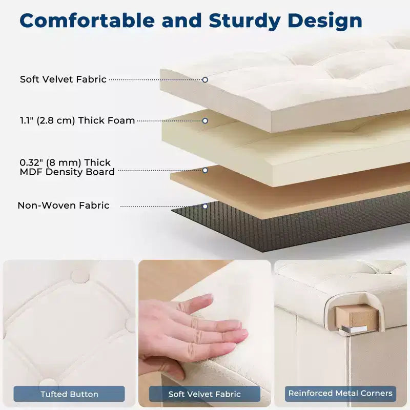 Panca pouf contenitore pieghevole in velluto da 109 cm con spazio per riporre oggetti – Supporta fino a 300 kg