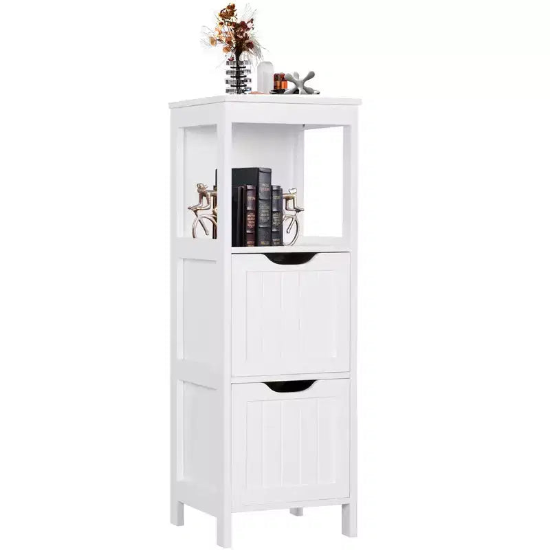 Wooden Bathroom Floor Cabinet Freestanding Storage Organizer with Adjustable Shelves and Drawers White