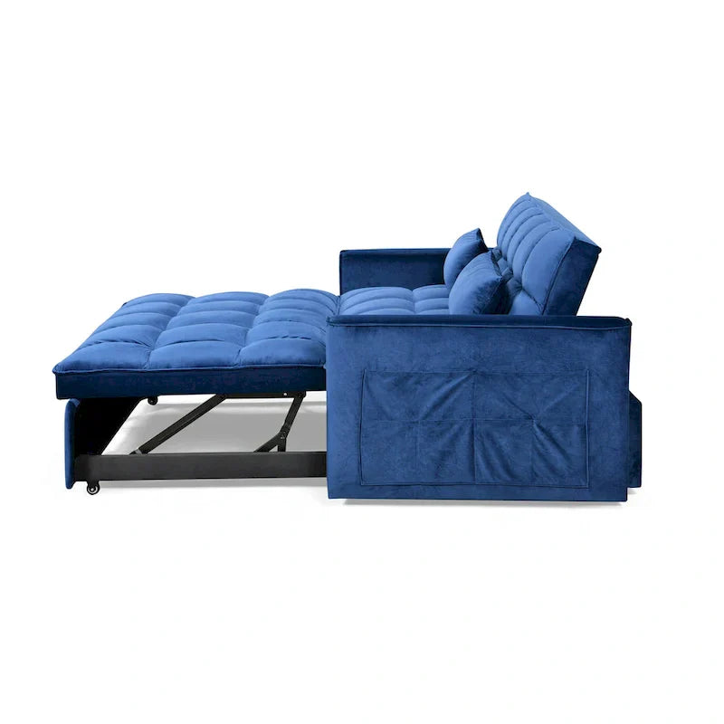 Divanetto futon moderno in velluto con schienale reclinabile e tasche, 2 posti – Grigio scuro / Grigio chiaro / Blu / Nero